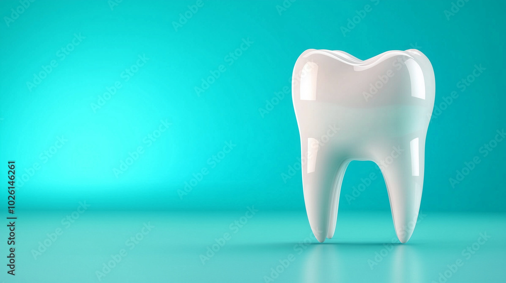 A highly detailed 3D molar tooth, with a polished surface and natural anatomy, standing proudly on a soft pastel sky-blue background, representing the importance of oral hygiene. A highly detailed 3D molar tooth, with a polished surface and natural anatomy, standing proudly on a soft pastel sky-blue background, representing the importance of oral hygiene.