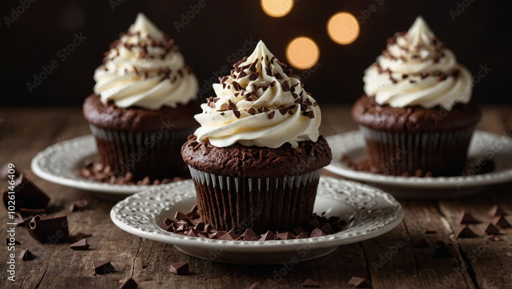 Chocolate cupcakes topped with whipped cream and chocolate sprinkles, arranged on a rustic table with soft lighting. Chocolate cupcakes topped with whipped cream and chocolate sprinkles, arranged on a rustic table with soft lighting.