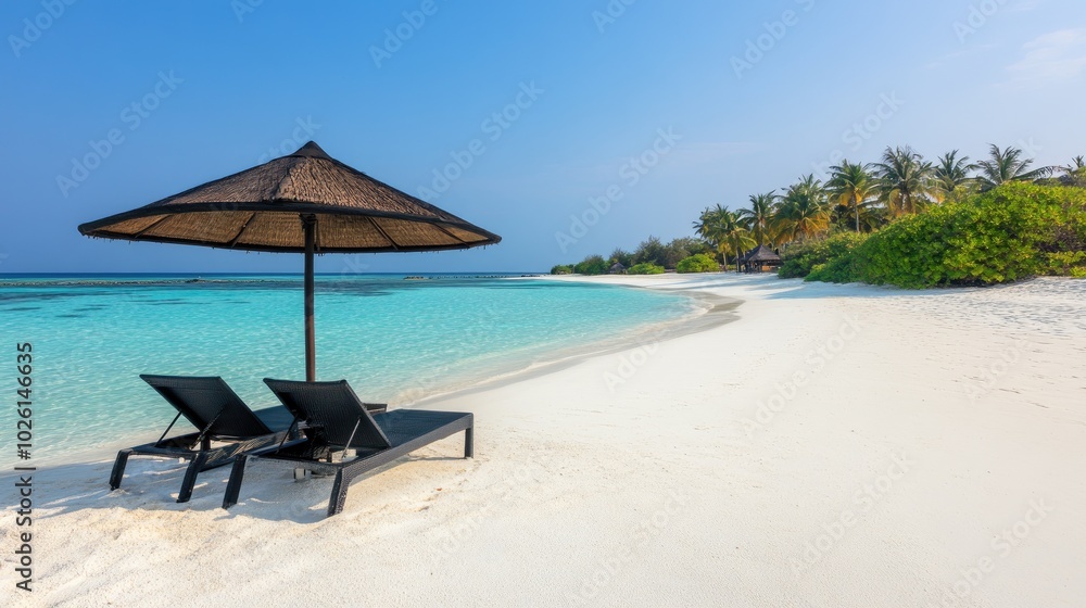 Fototapeta premium A beach chair and parasol set on a secluded tropical beach, facing the turquoise waters and palm-fringed shoreline.