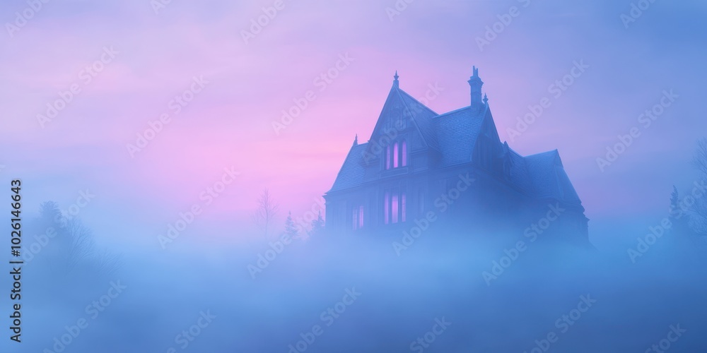A mysterious house shrouded in ethereal mist during twilight, creating an eerie and atmospheric scene. A mysterious house shrouded in ethereal mist during twilight, creating an eerie and atmospheric scene.