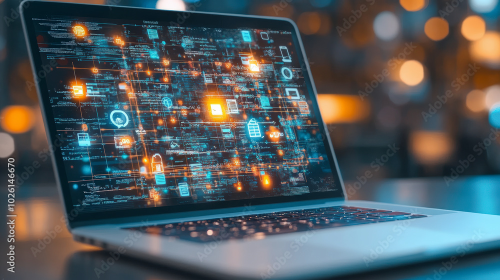 A laptop displays a digital network with interconnected icons and glowing nodes, representing data flow and technological connectivity in a modern setting. A laptop displays a digital network with interconnected icons and glowing nodes, representing data flow and technological connectivity in a modern setting.