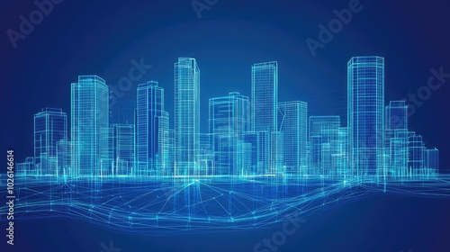 A 3D wireframe rendering of a cityscape in low polygon style, featuring a business district with tall skyscrapers, a flowing river, and a web of roads.