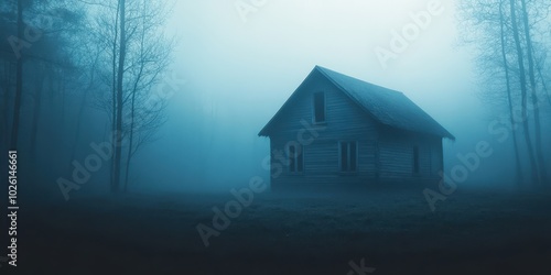 A mysterious house shrouded in mist, surrounded by eerie trees, creating an unsettling atmosphere perfect for storytelling.