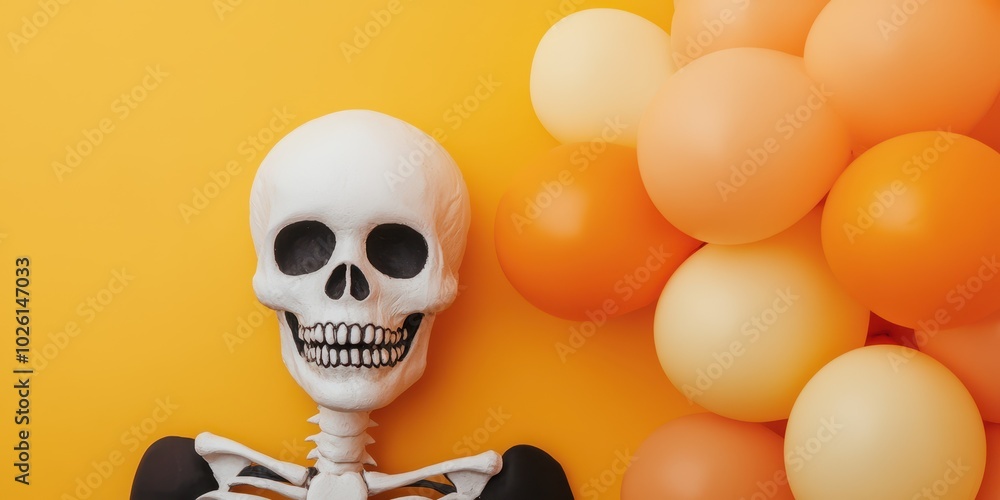 A playful skeleton lies beside colorful balloons against a bright yellow background, evoking a festive Halloween atmosphere. A playful skeleton lies beside colorful balloons against a bright yellow background, evoking a festive Halloween atmosphere.