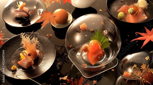 Fusion of molecular gastronomy and ethnic cuisine creating innovative dishes with cultural flavors. photo