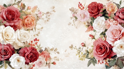 Elegant floral border adorned with pink, red, and white roses. The intricate patterns and soft colors create a sophisticated and beautiful backdrop