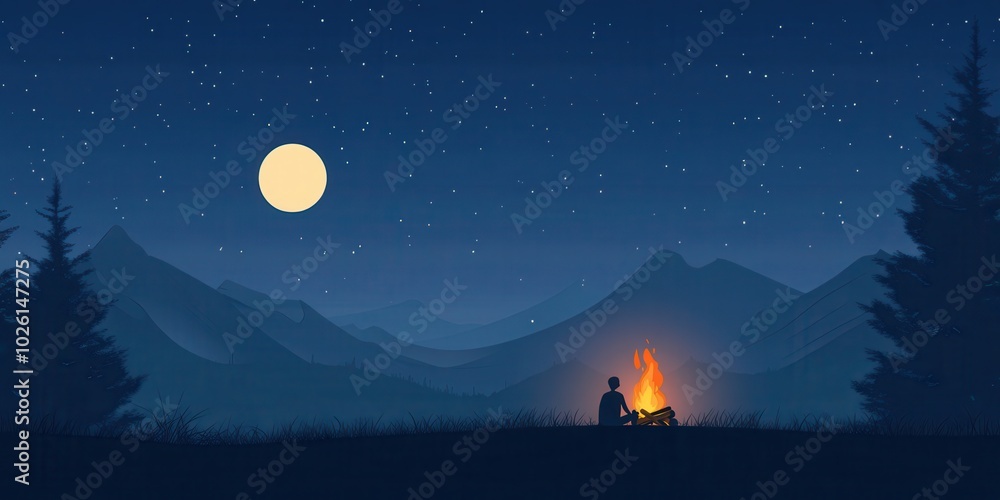 Fototapeta premium A serene night scene with a person by a campfire under a starry sky and a glowing moon, surrounded by majestic mountains.