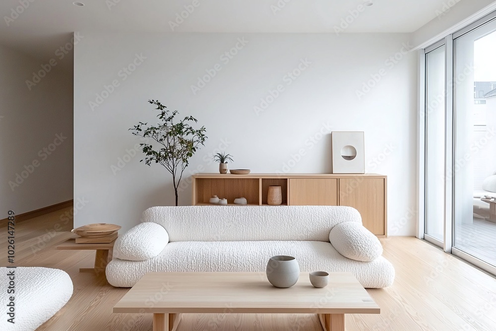 Naklejka premium A modern japandi interior in the living room with minimalist, wood cabinets and boucle sofas. Generative AI 