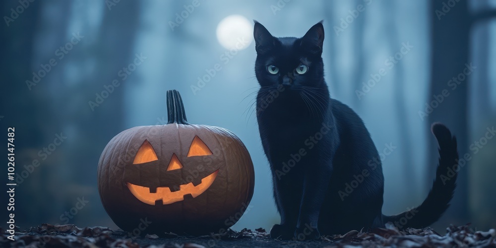 A spooky black cat sits next to a carved pumpkin under a full moon in a misty forest, capturing Halloween's eerie essence. A spooky black cat sits next to a carved pumpkin under a full moon in a misty forest, capturing Halloween's eerie essence.