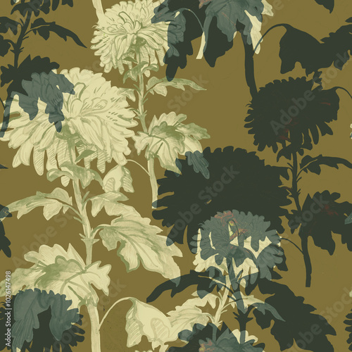 Floral seamless pattern with transparent chrysanthemums flowers in trendy mustard tones. Contemporary art wallpaper, bedding, textile, apparel fabric, poster, package.