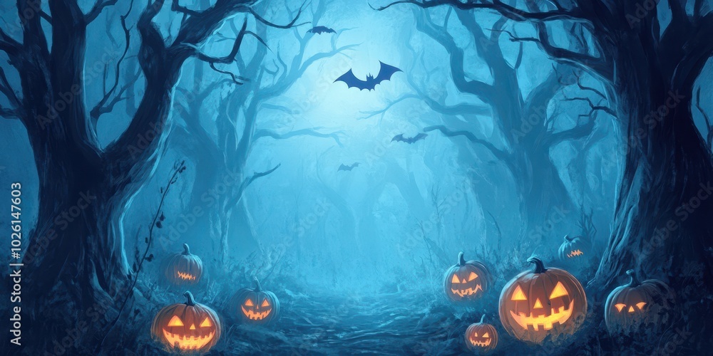 A spooky forest at night with glowing pumpkins and flying bats, perfect for Halloween-themed projects and storytelling. A spooky forest at night with glowing pumpkins and flying bats, perfect for Halloween-themed projects and storytelling.
