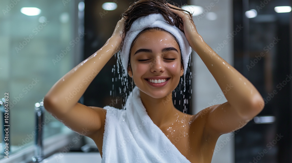 A joyful young woman wrapped in a towel, sitting at a salon sink with water gently running through her hair, her face beaming with relaxation and the care sheâs receiving.