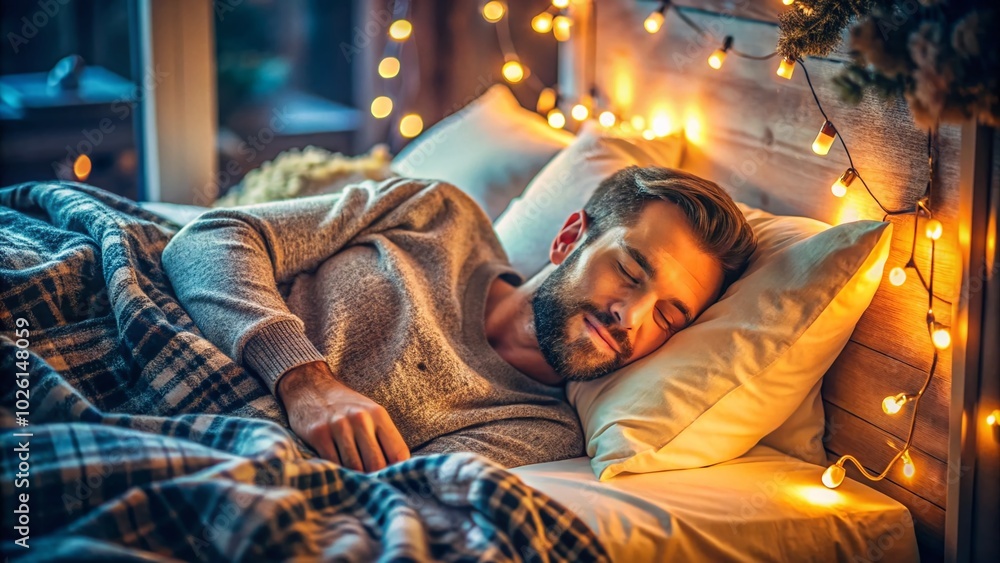 Obraz premium Relaxed man lying in bed with cozy blankets, enjoying a peaceful morning and a moment of tranquility at