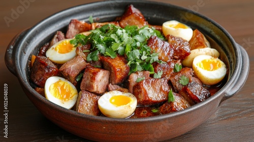 Pork belly braised in sweet soy sauce with eggs succulent pork belly chunks and hard-boiled eggs slowly braised in a rich dark soy sauce garnished with fresh coriander and crispy shallots served in a