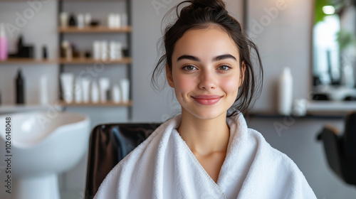 A smiling young woman wrapped in a plush towel, her hair freshly washed and ready for treatment, sitting in a modern, minimalist salon, embodying the luxury of self-care and wellne photo