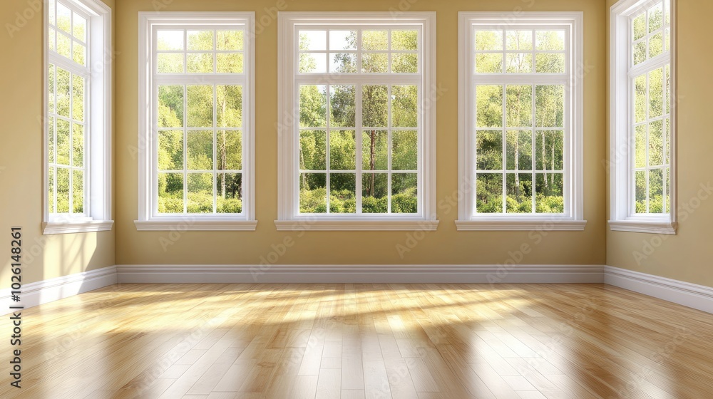 Fototapeta premium A bright room with large windows overlooking a scenic view, featuring elegant hardwood flooring and minimalist architecture.