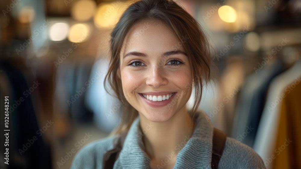A woman with a smile on her face is standing in a store A woman with a smile on her face is standing in a store