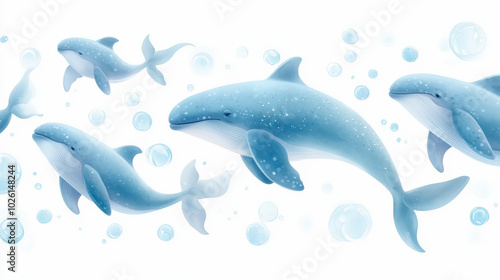 A serene illustration of blue dolphins swimming amidst bubbles in a harmonious underwater scene. Perfect for capturing the tranquility of marine life.