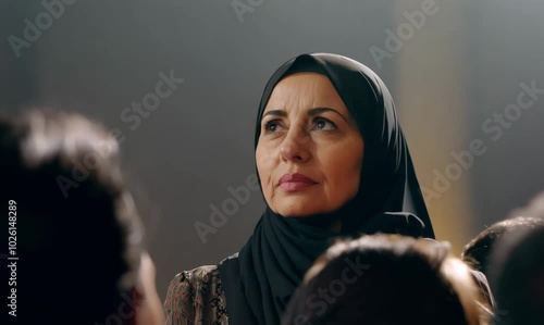 Iranian Woman Listening Attentively at Conference Podium