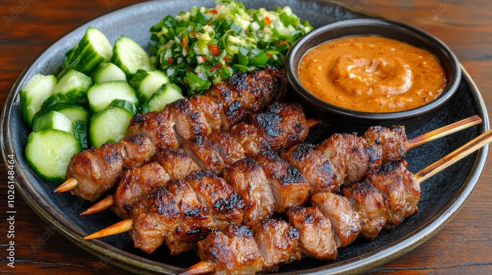 Grilled pork satay skewers focusing on the juicy pork satay skewers with a slight char from the grill served with a peanut dipping sauce and cucumber relish on a ceramic plate Grilled pork satay skewers focusing on the juicy pork satay skewers with a slight char from the grill served with a peanut dipping sauce and cucumber relish on a ceramic plate
