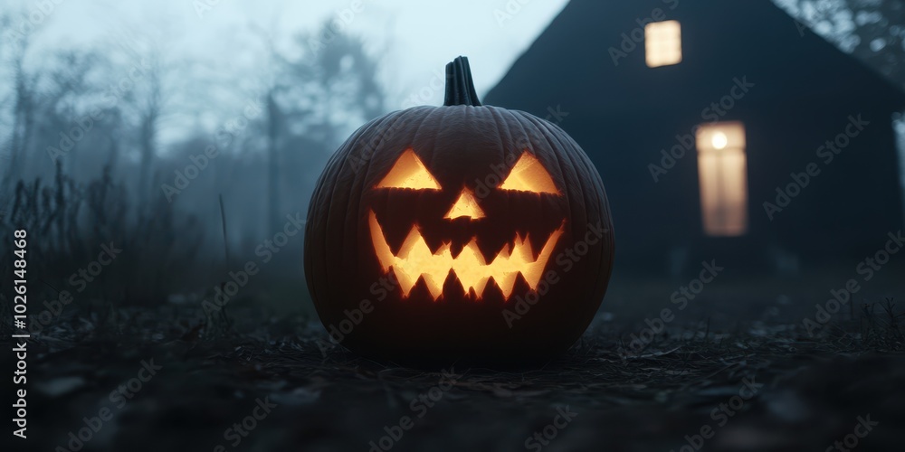 A spooky jack-o'-lantern glowing in the night, set against a mysterious house, perfect for Halloween-themed designs. A spooky jack-o'-lantern glowing in the night, set against a mysterious house, perfect for Halloween-themed designs.