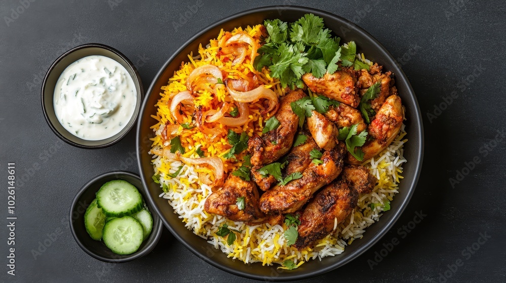 Aromatic yellow chicken biryani a heaping plate of fragrant yellow biryani rice topped with tender slow-cooked chicken served with a side of cucumber yogurt and crispy fried onions Aromatic yellow chicken biryani a heaping plate of fragrant yellow biryani rice topped with tender slow-cooked chicken served with a side of cucumber yogurt and crispy fried onions