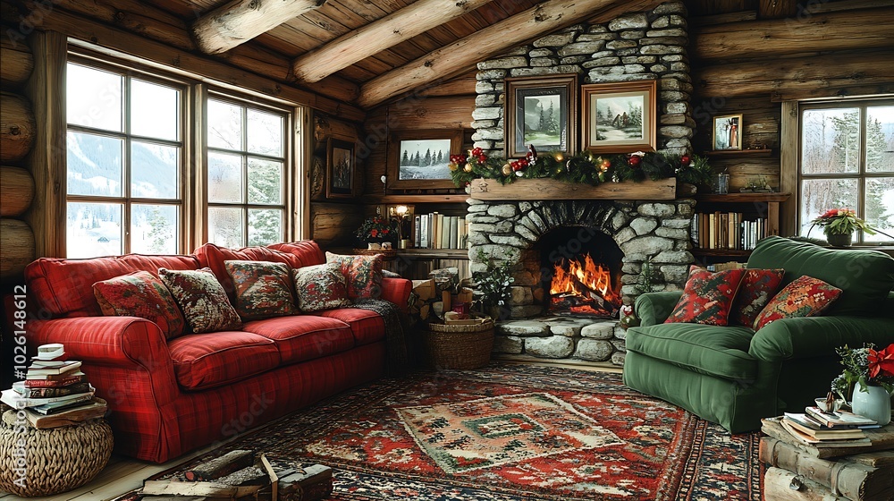 Cozy Winter Cabin Interior with Stone Fireplace Cozy Winter Cabin Interior with Stone Fireplace