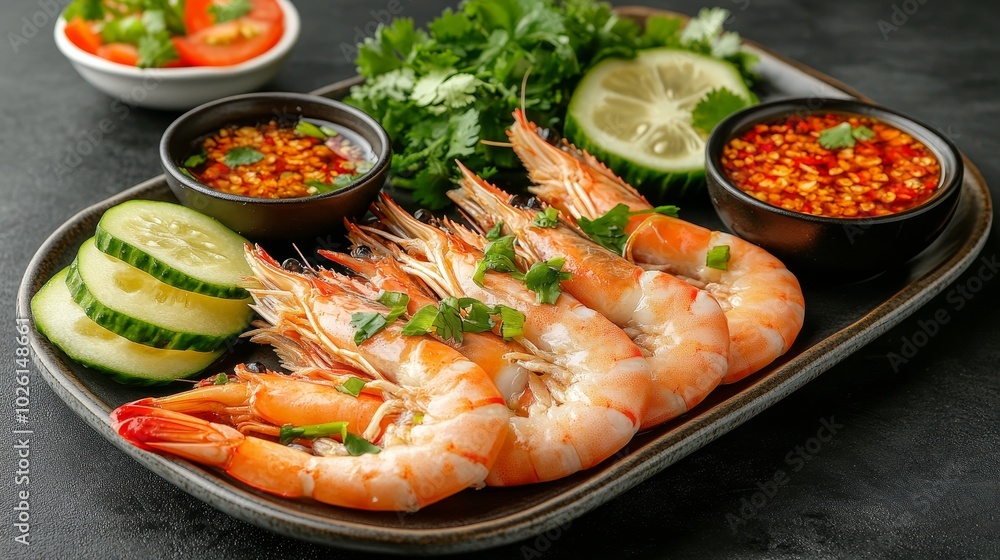 Fresh prawns in fish sauce showcasing large fresh prawns served raw in fish sauce with spicy garlic chili dressing and sliced bitter melon on a traditional Thai plate Fresh prawns in fish sauce showcasing large fresh prawns served raw in fish sauce with spicy garlic chili dressing and sliced bitter melon on a traditional Thai plate