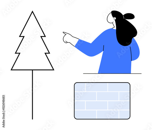 A person in a blue top points at a simple tree outline. Below is a rectangular brick pattern. Ideal for architectural concepts, design simplicity, presentations, nature, and educational tools