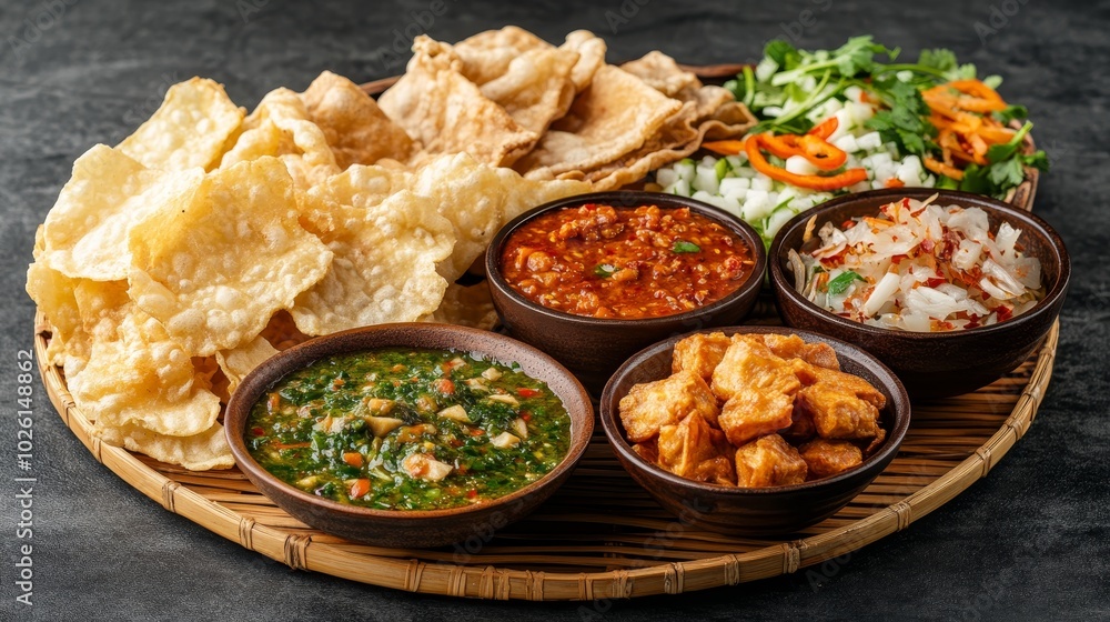 Northern chili dip with pork showing a spicy green chili dip served alongside crispy pork rinds and fresh boiled vegetables on a woven bamboo tray with a clay bowl Northern chili dip with pork showing a spicy green chili dip served alongside crispy pork rinds and fresh boiled vegetables on a woven bamboo tray with a clay bowl