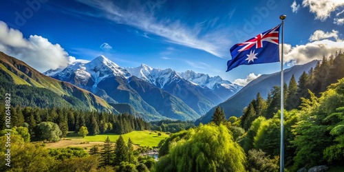 Stunning New Zealand Landscape with Flag Inspiration in Nature's Beauty