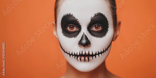 A striking portrait of a person with skull makeup against a vibrant orange background, perfect for Halloween or themed events.