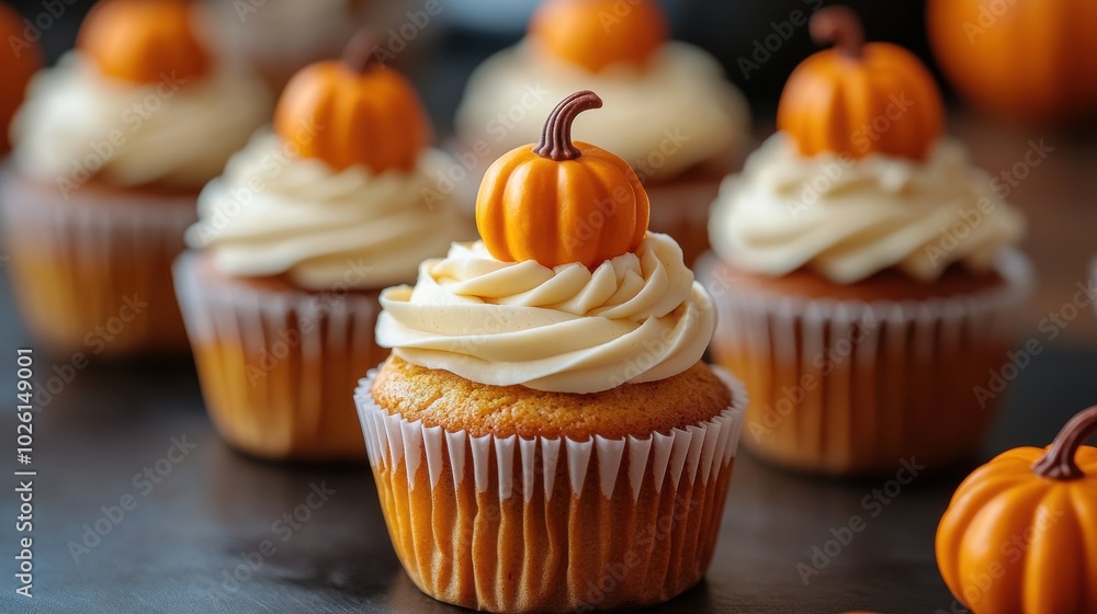 Pumpkin cupcakes with frosting and pumpkin cream on top, decorated with mini pumpkins for autumn events or halloween party Pumpkin cupcakes with frosting and pumpkin cream on top, decorated with mini pumpkins for autumn events or halloween party