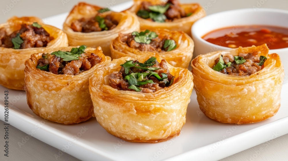 Crispy golden pastry cups showcasing bite-sized pastry cups filled with savory minced pork topped with fresh herbs served on a white plate with a side of chili dipping sauce Crispy golden pastry cups showcasing bite-sized pastry cups filled with savory minced pork topped with fresh herbs served on a white plate with a side of chili dipping sauce
