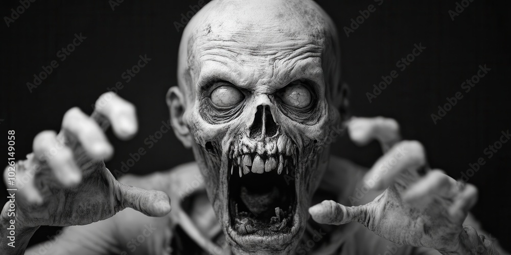 A terrifying skeletal figure with a gaping mouth, perfect for horror themes and spooky art projects. A terrifying skeletal figure with a gaping mouth, perfect for horror themes and spooky art projects.