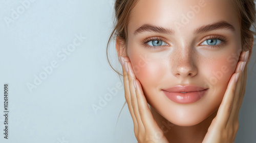 A radiant woman with flawless skin, gently massaging serum into her face, her complexion glowing with vitality and health, representing the pinnacle of skincare care.