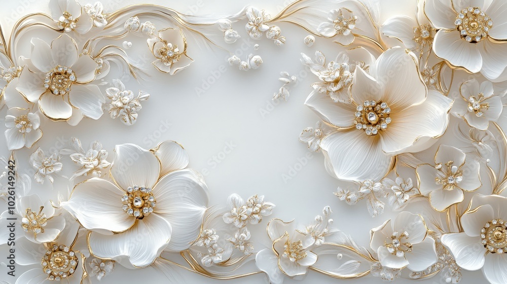 Elegant white and gold floral border art featuring intricate jewelry motifs. Delicate flower designs intertwine, creating a luxurious and refined aesthetic Elegant white and gold floral border art featuring intricate jewelry motifs. Delicate flower designs intertwine, creating a luxurious and refined aesthetic
