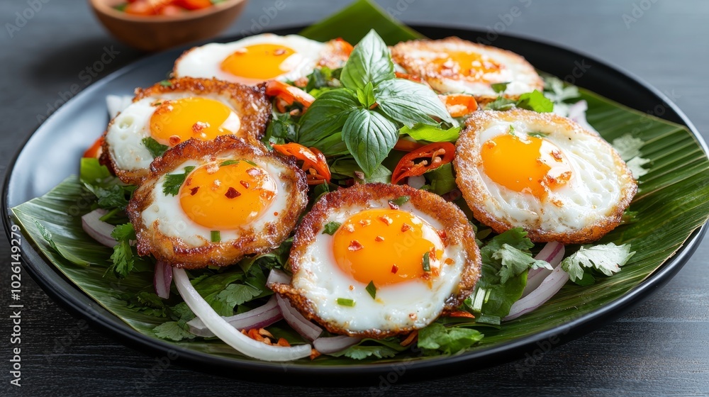 Crispy fried eggs in salad showcasing fried eggs with crispy edges served in a spicy and sour Thai salad with onions chili and fresh herbs on a banana leaf-lined plate Crispy fried eggs in salad showcasing fried eggs with crispy edges served in a spicy and sour Thai salad with onions chili and fresh herbs on a banana leaf-lined plate