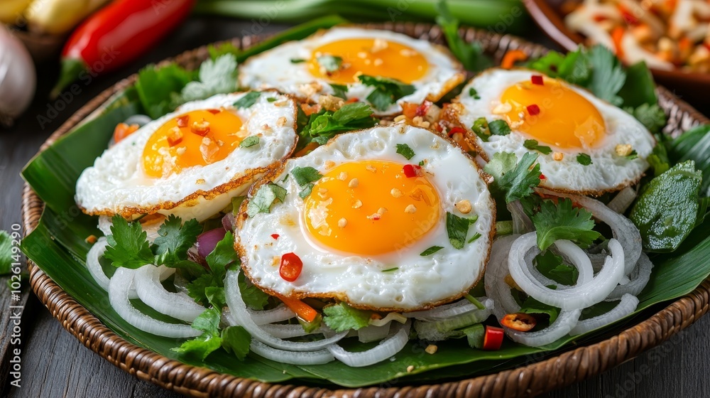 Crispy fried eggs in salad showcasing fried eggs with crispy edges served in a spicy and sour Thai salad with onions chili and fresh herbs on a banana leaf-lined plate Crispy fried eggs in salad showcasing fried eggs with crispy edges served in a spicy and sour Thai salad with onions chili and fresh herbs on a banana leaf-lined plate