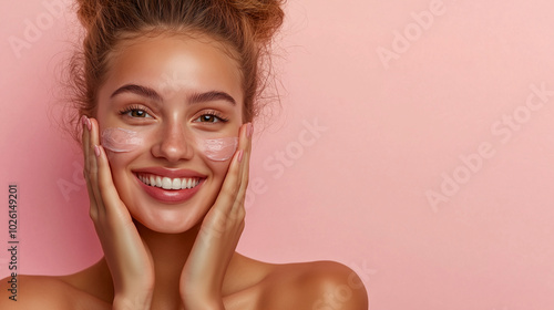 A luminous woman with smooth, radiant skin, smiling as she applies a skincare product to her face, the glowing result of her beauty routine creating a perfect skincare advertisemen photo