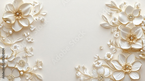 Elegant white and gold floral border featuring intricate jewelry-inspired designs. The combination of delicate flowers and gold accents creates a timeless look