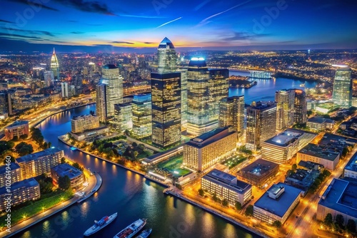 Stunning Night View of London’s Canary Wharf Financial District from Above