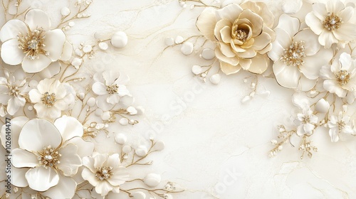 Elegant white and gold floral border featuring intricate jewelry-inspired designs. The combination of delicate flowers and gold accents creates a timeless look