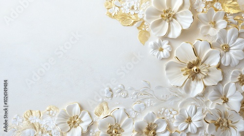 Elegant white and gold floral border with delicate flower designs. The jewelry-like gold accents highlight the intricate patterns for a luxurious finish