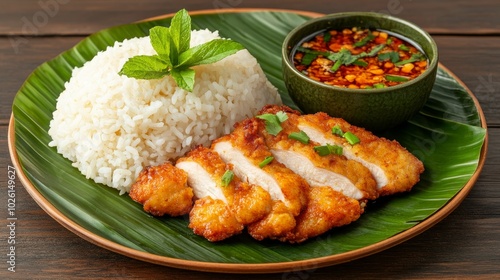 Sticky rice with fried chicken showcasing crispy fried chicken served with sticky rice and a side of sweet chili dipping sauce on a banana leaf-lined plate