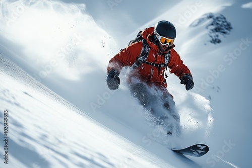 Snowboarder Carving Through Deep Powder in Mountains