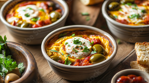 Delicious shakshuka baked in mini ramekins for personal servings, beautifully styled with Mediterranean elements such as olives, pita, and tahini drizzle, 