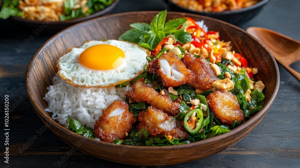 Stir-fried holy basil with crispy fish chunks crispy deep-fried fish chunks stir-fried with fragrant holy basil garlic and chili served with steamed jasmine rice and a fried egg Stir-fried holy basil with crispy fish chunks crispy deep-fried fish chunks stir-fried with fragrant holy basil garlic and chili served with steamed jasmine rice and a fried egg