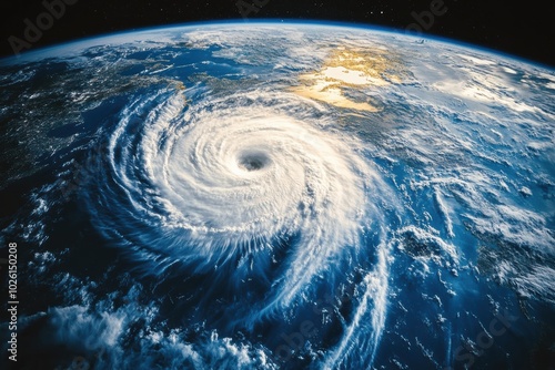 view of a hurricane on Earth from space, a blue planet with a white storm in the center. 