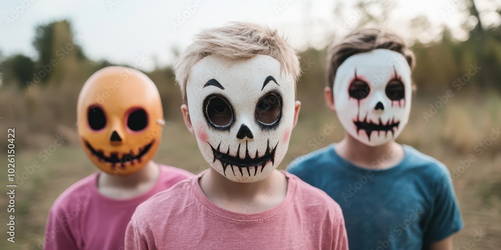 Children wear spooky Halloween masks in a playful outdoor setting, capturing the fun and thrill of the Halloween season. Children wear spooky Halloween masks in a playful outdoor setting, capturing the fun and thrill of the Halloween season.